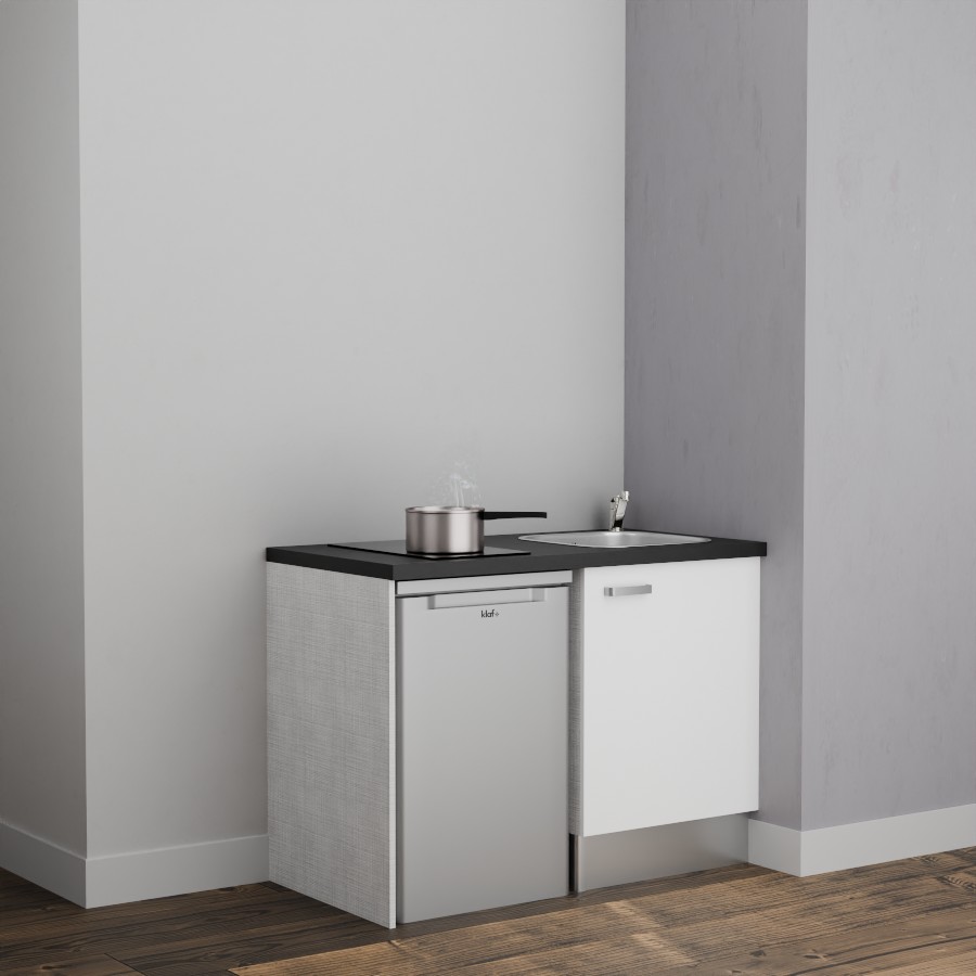 K08L-PT : Kitchenette 120 cm Blanc, plan de travail noir, cuve inox