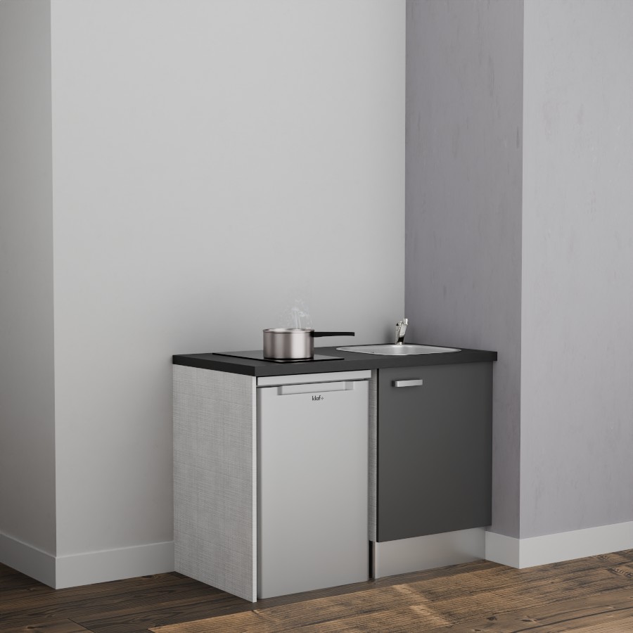 K08L-PT : Kitchenette 120 cm Gris, plan de travail noir, cuve inox