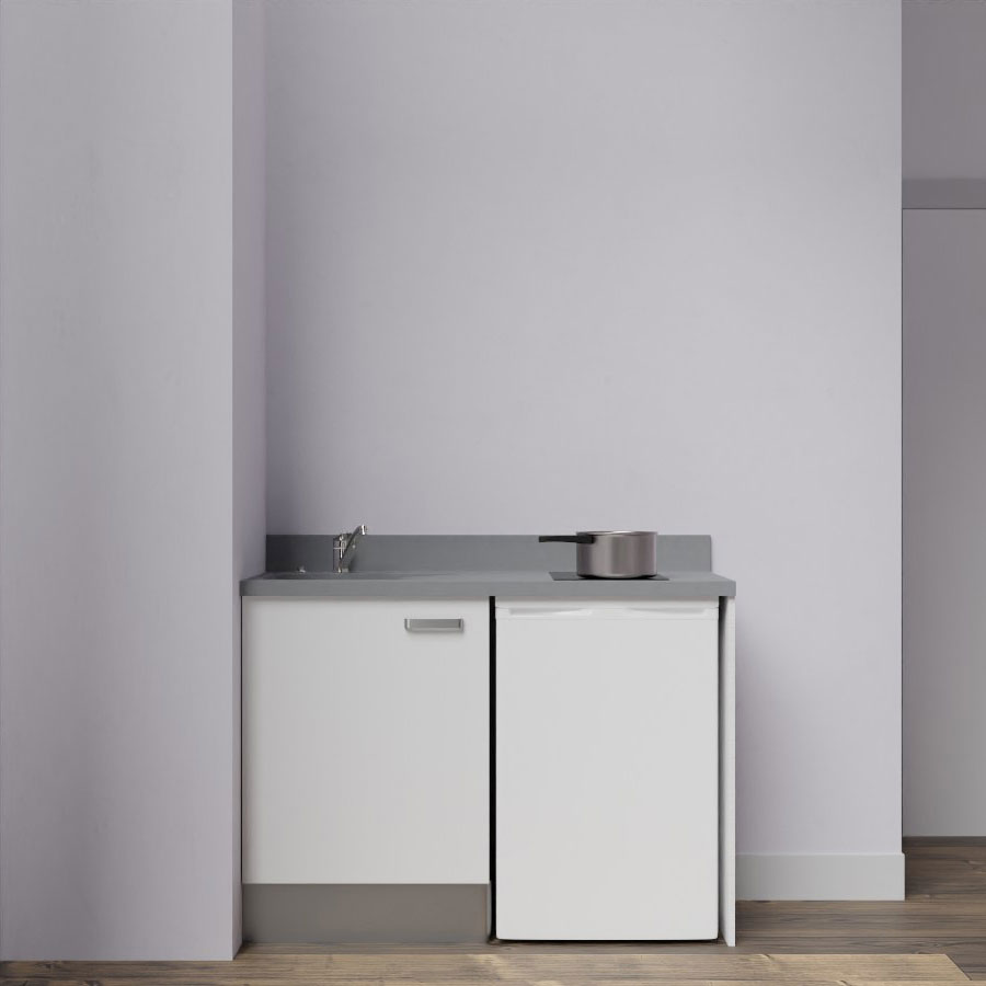 K08L : Kitchenette 120 cm Blanc, plan de travail monobloc évier à gauche Cromo