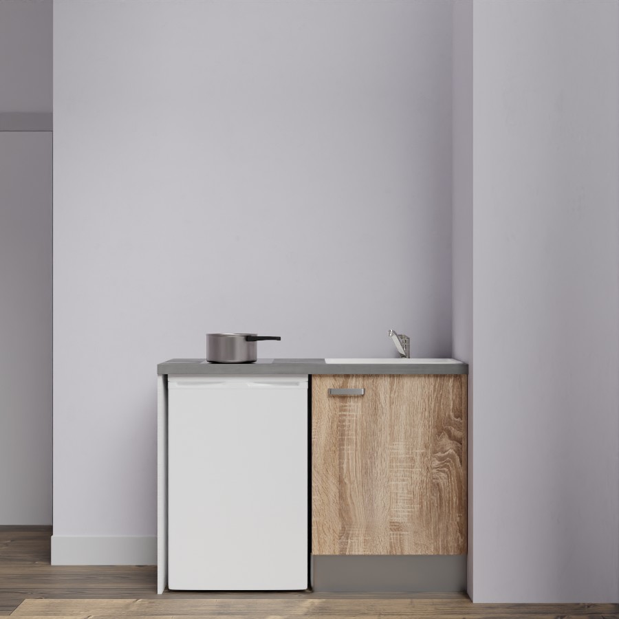 Kitchenette 120 cm K08L meuble sous évier couleur bois avec plan de travail gris et évier blanc