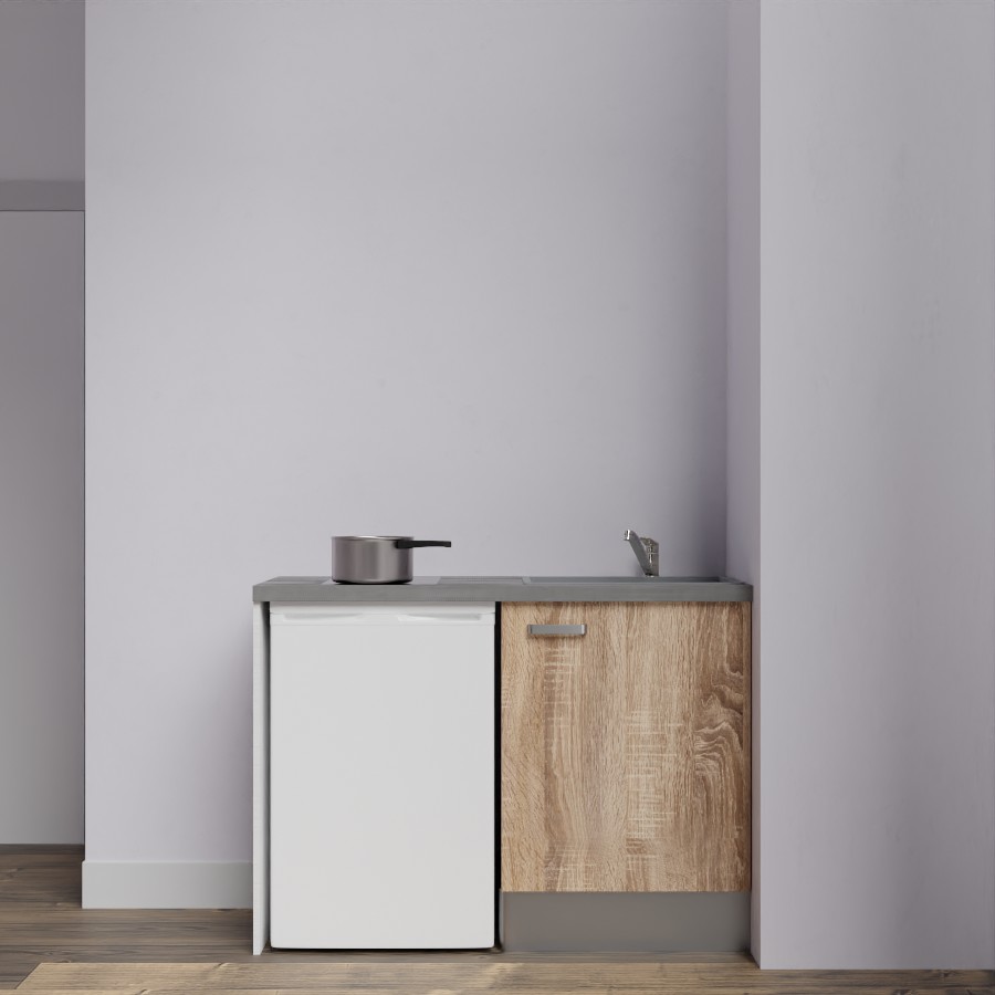 Kitchenette 120 cm K08L meuble sous évier couleur bois avec plan de travail gris et évier gris