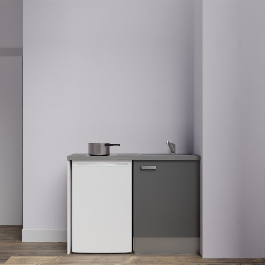 Kitchenette 120 cm K08L meuble sous évier gris avec plan de travail gris et évier gris