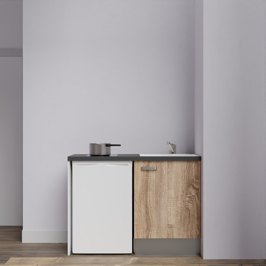 Kitchenette 120 cm K08L meuble sous évier couleur bois avec plan de travail noir et évier blanc