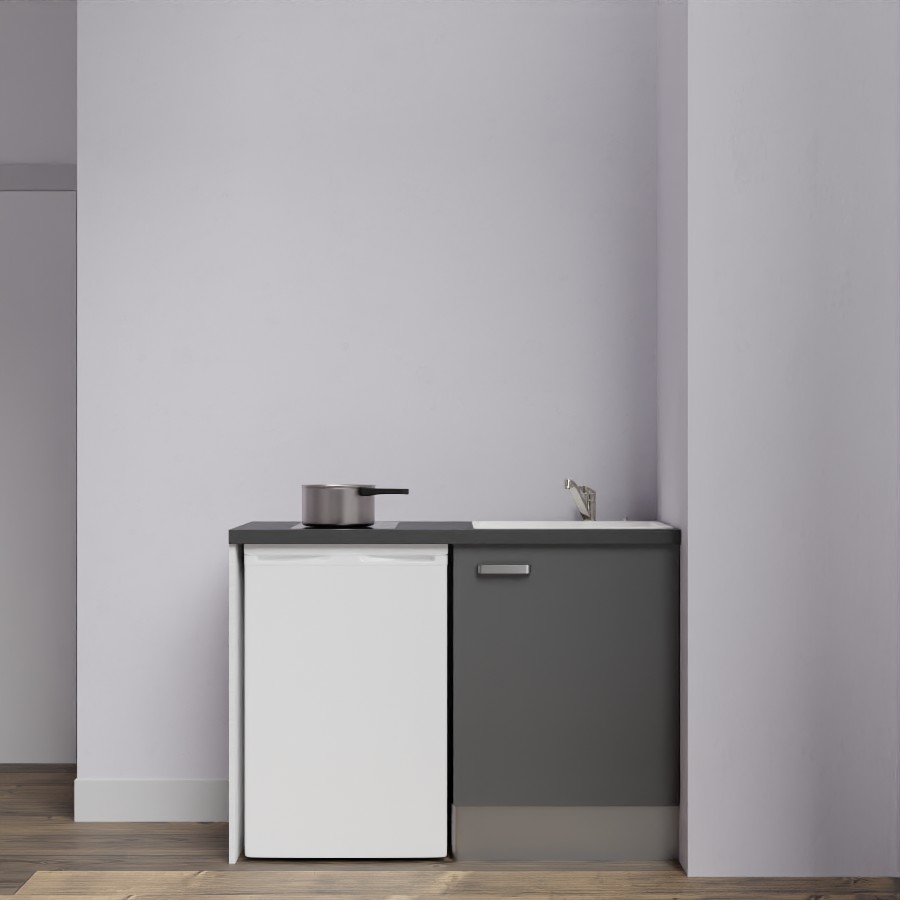 Kitchenette 120 cm K08L meuble sous évier gris avec plan de travail noir et évier blanc