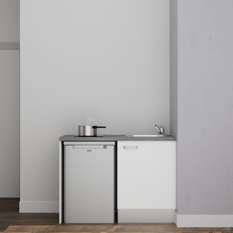 K08L-PT : Kitchenette 120 cm Blanc, plan de travail gris, cuve inox