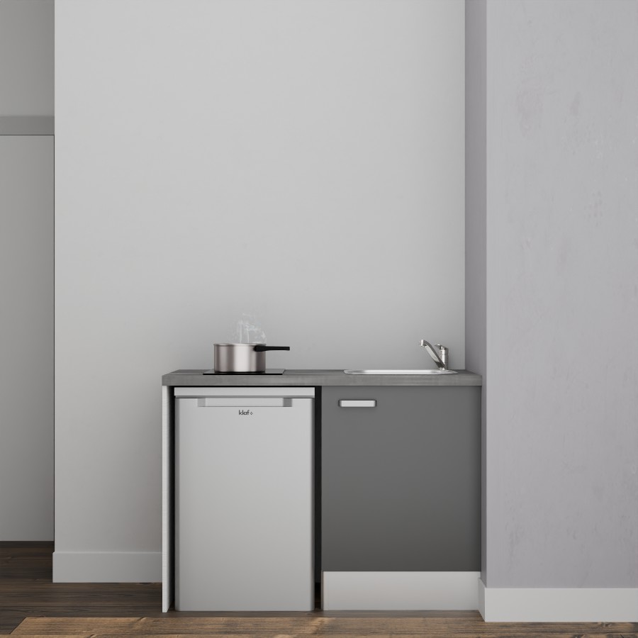 K08L-PT : Kitchenette 120 cm Gris, plan de travail gris, cuve inox