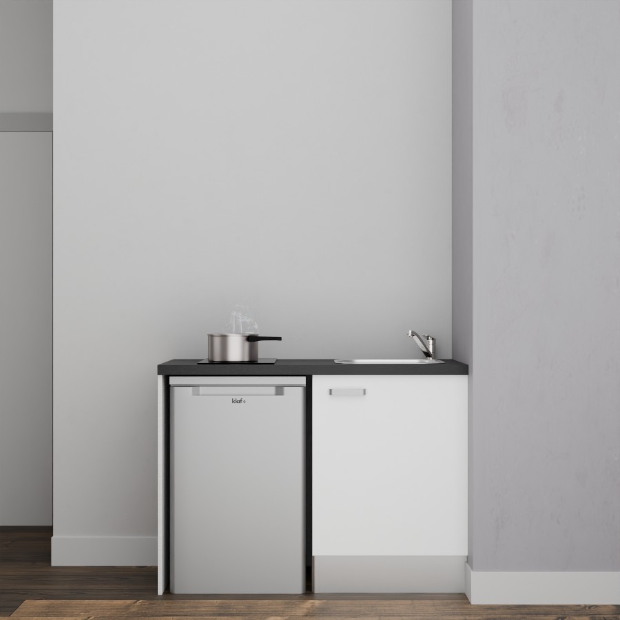 K08L-PT : Kitchenette 120 cm Blanc, plan de travail noir, cuve inox