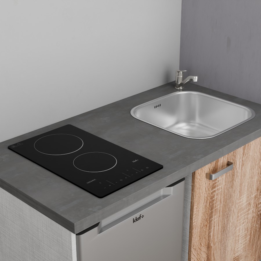 K08L-PT : Kitchenette 120 cm Chêne, plan de travail gris, cuve inox