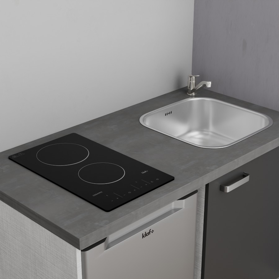 K08L-PT : Kitchenette 120 cm Gris, plan de travail gris, cuve inox