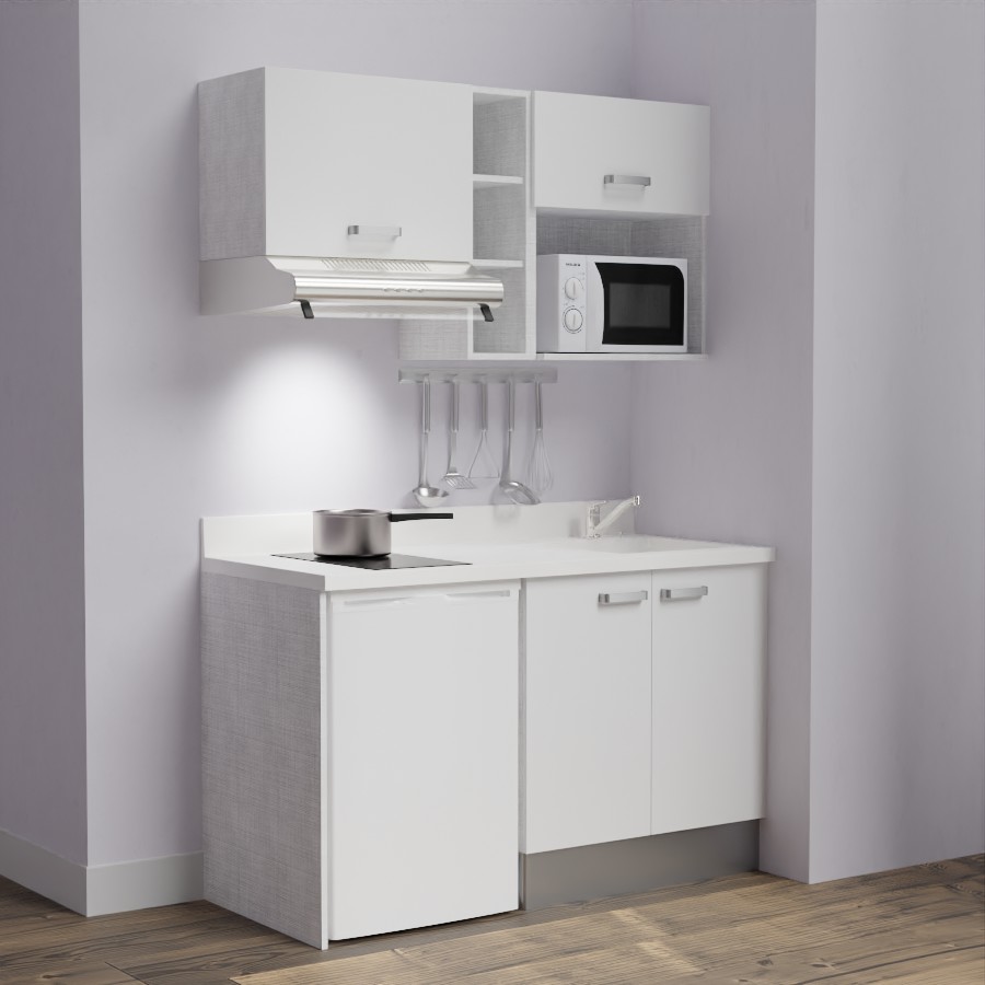 K13L : Kitchenette 140 cm Blanc, plan de travail monobloc évier à droite Snova