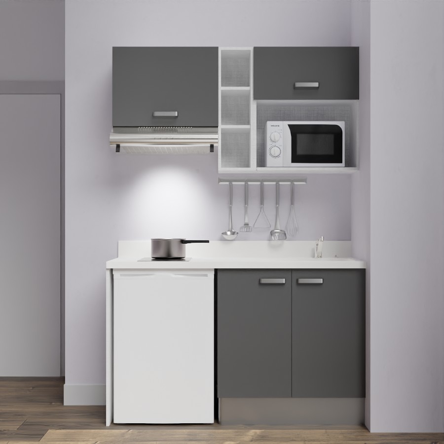 K13L : Kitchenette 140 cm Gris, plan de travail monobloc évier à droite Snova