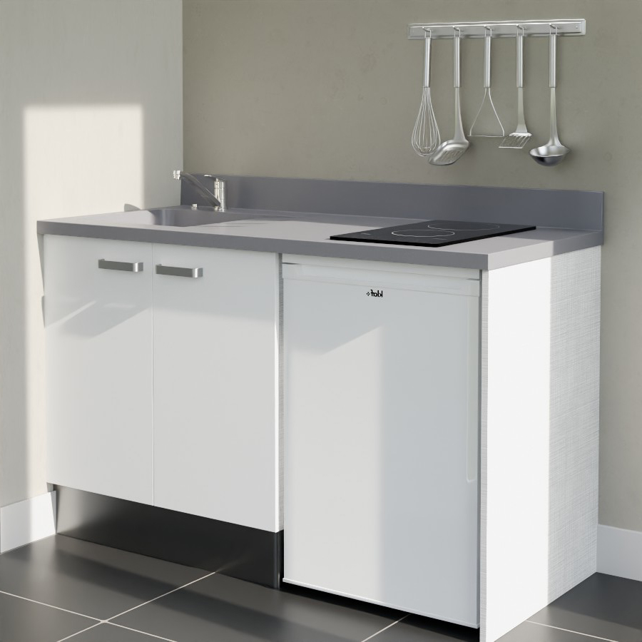 K17L : Kitchenette 140 cm Blanc, plan de travail monobloc évier à gauche Cromo