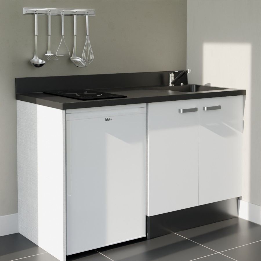 K17L : Kitchenette 140 cm Blanc, plan de travail monobloc évier à droite Nero