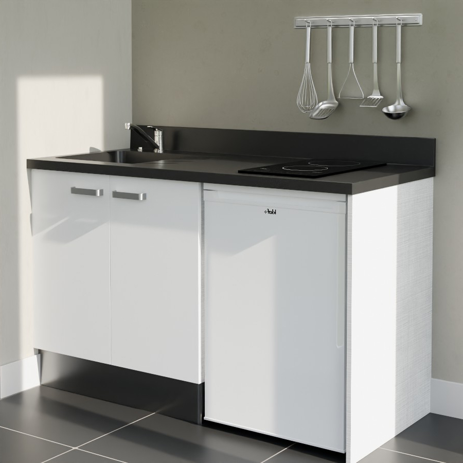 K17L : Kitchenette 140 cm Blanc, plan de travail monobloc évier à gauche Nero