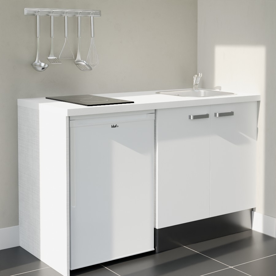 K17L-PT : Kitchenette 140 cm Blanc, plan de travail blanc, cuve inox