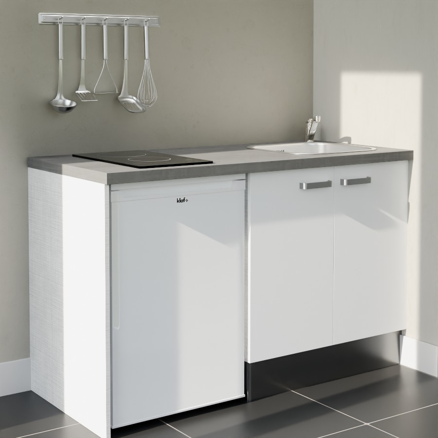 K17L-PT : Kitchenette 140 cm Blanc, plan de travail gris, cuve inox