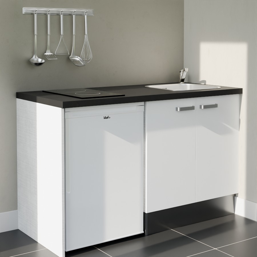 K17L-PT : Kitchenette 140 cm Blanc, plan de travail noir, cuve inox