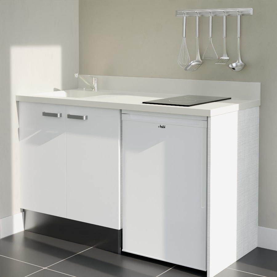 K17L : Kitchenette 140 cm Blanc, plan de travail monobloc évier à gauche Snova