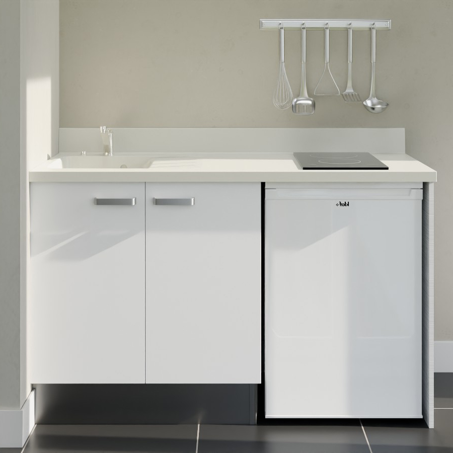 K17L : Kitchenette 140 cm Blanc, plan de travail monobloc évier à gauche Snova