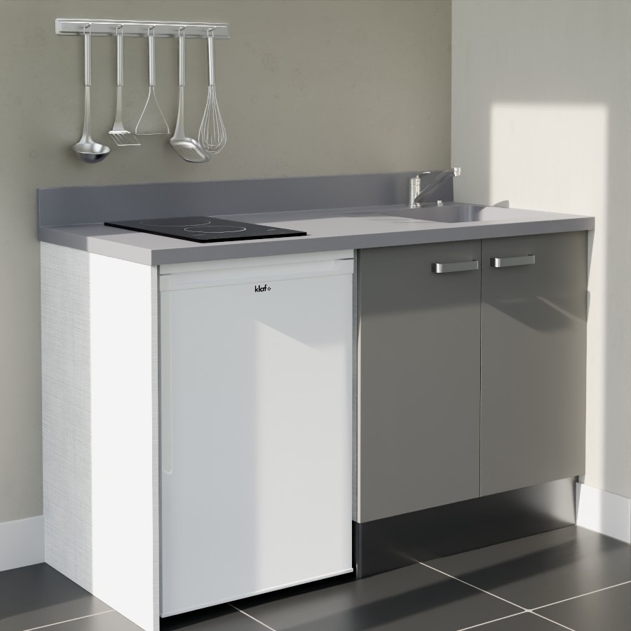 K17L : Kitchenette 140 cm Gris, plan de travail monobloc évier à droite Cromo