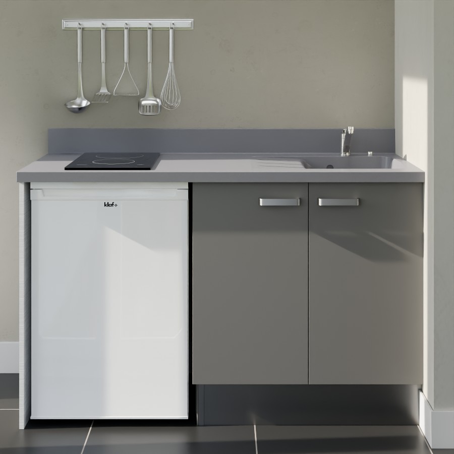 K17L : Kitchenette 140 cm Gris, plan de travail monobloc évier à droite Cromo