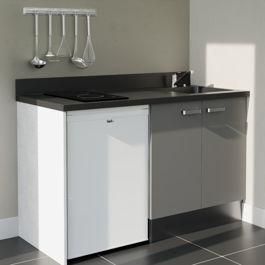 K17L : Kitchenette 140 cm Gris, plan de travail monobloc évier à droite Nero