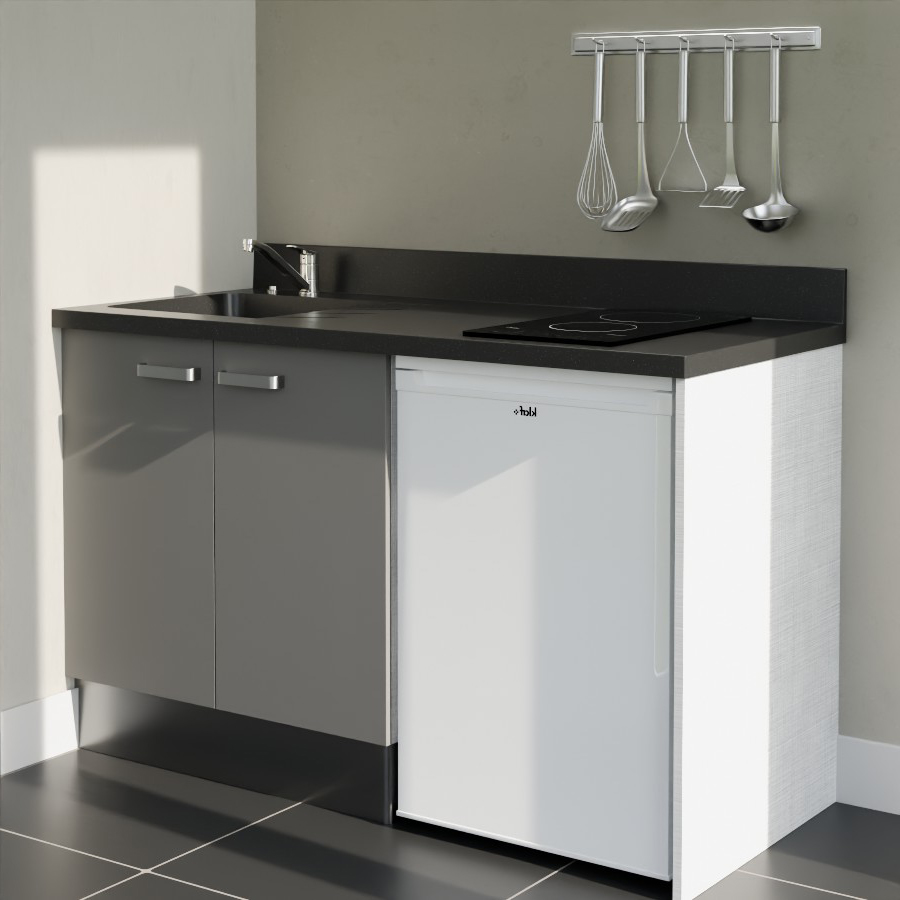 K17L : Kitchenette 140 cm Gris, plan de travail monobloc évier à gauche Nero