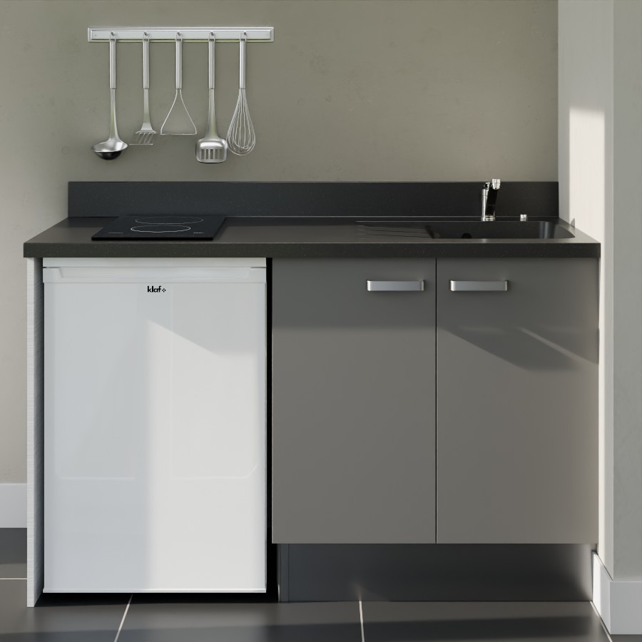 K17L : Kitchenette 140 cm Gris, plan de travail monobloc évier à droite Nero