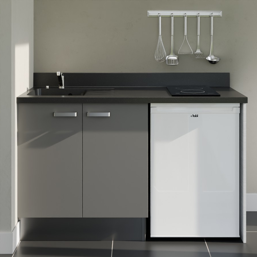 K17L : Kitchenette 140 cm Gris, plan de travail monobloc évier à gauche Nero