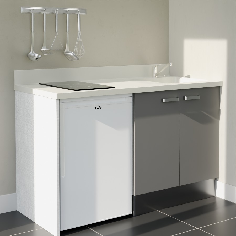 K17L : Kitchenette 140 cm Gris, plan de travail monobloc évier à droite Snova