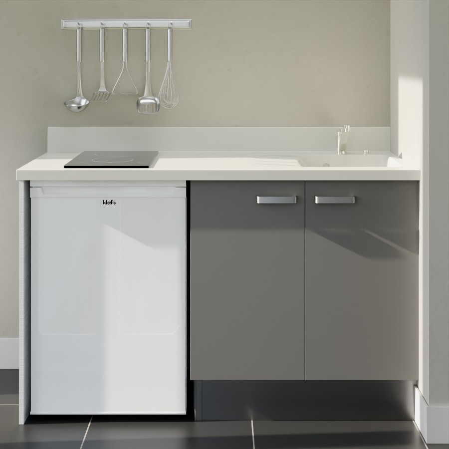 K17L : Kitchenette 140 cm Gris, plan de travail monobloc évier à droite Snova