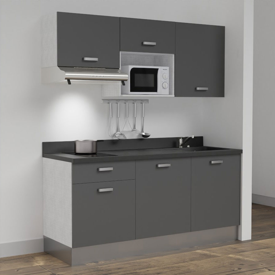 Kitchenette 180 cm K30 avec meubles gris et plan monobloc évier à droite néro