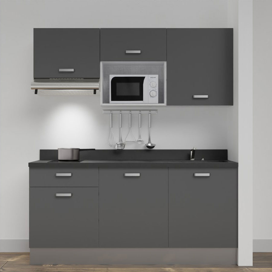 Kitchenette 180 cm K30 avec meubles gris et plan monobloc évier à droite néro