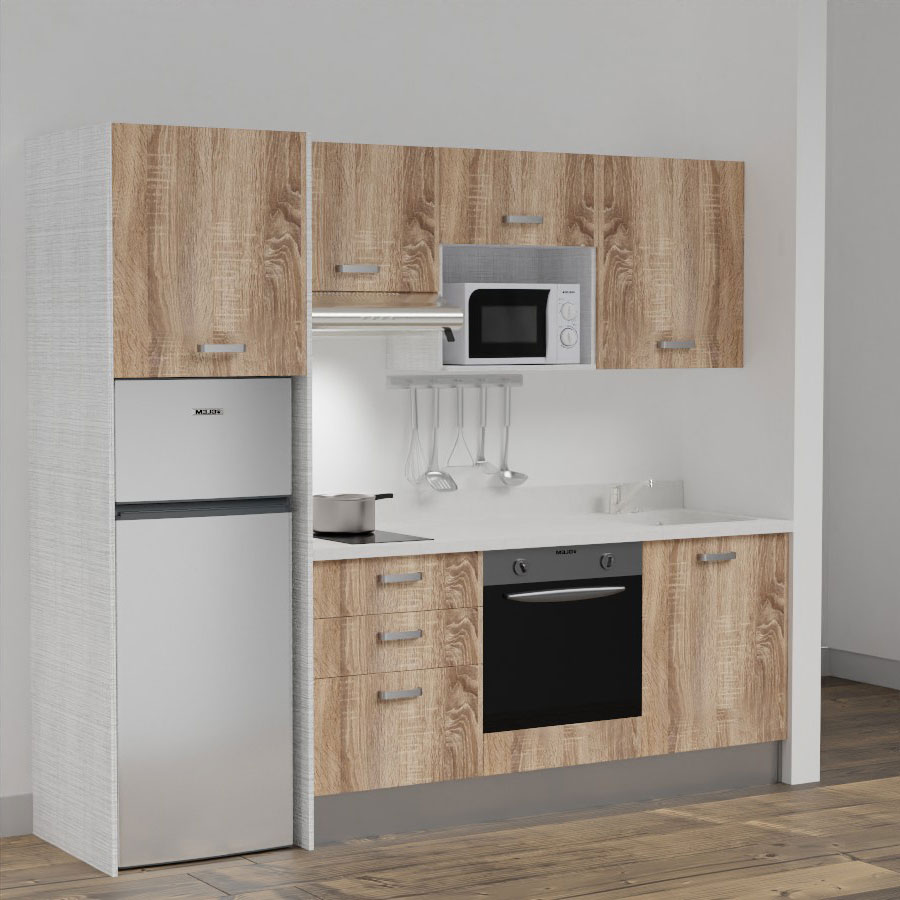 K37L : Kitchenette 240 cm Chêne, plan de travail monobloc évier à droite Snova