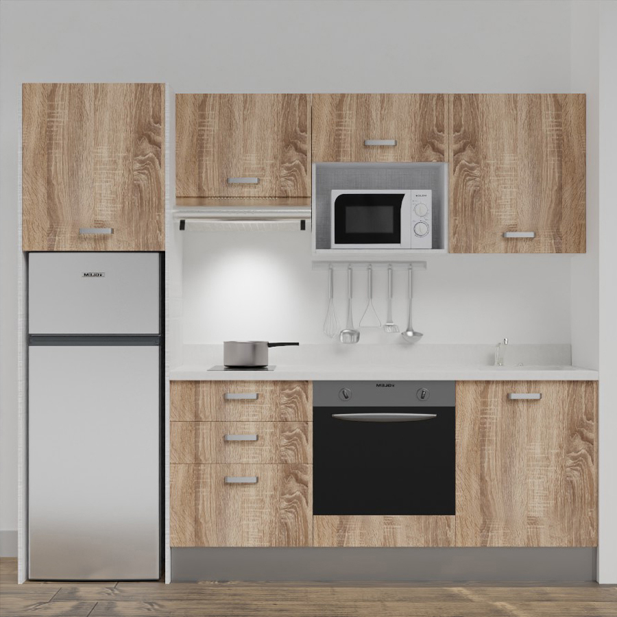 K37L : Kitchenette 240 cm Chêne, plan de travail monobloc évier à droite Snova