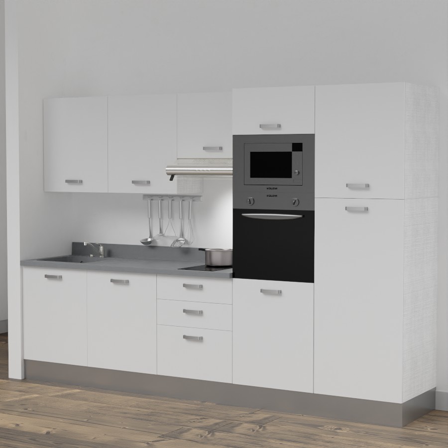 K46L : Kitchenette 300 cm Blanc, plan de travail monobloc évier à gauche Cromo