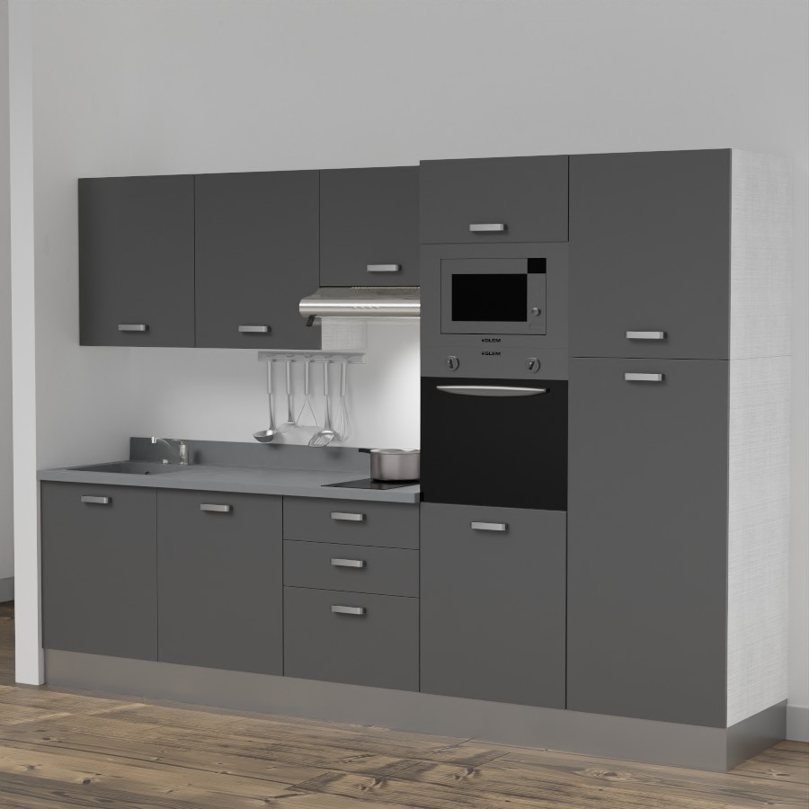 K46L : Kitchenette 300 cm Gris, plan de travail monobloc évier à gauche Cromo