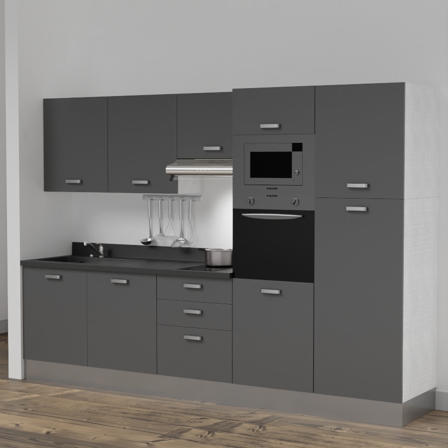 K46L : Kitchenette 300 cm Gris, plan de travail monobloc évier à gauche Nero