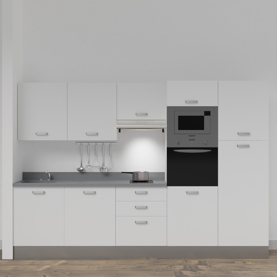 K46L : Kitchenette 300 cm Blanc, plan de travail monobloc évier à gauche Cromo