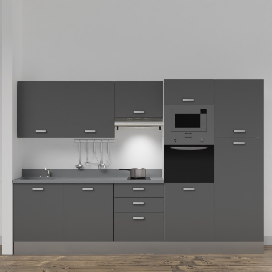 K46L : Kitchenette 300 cm Gris, plan de travail monobloc évier à gauche Cromo