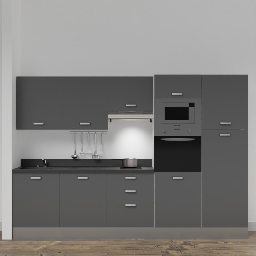 K46L : Kitchenette 300 cm Gris, plan de travail monobloc évier à gauche Nero