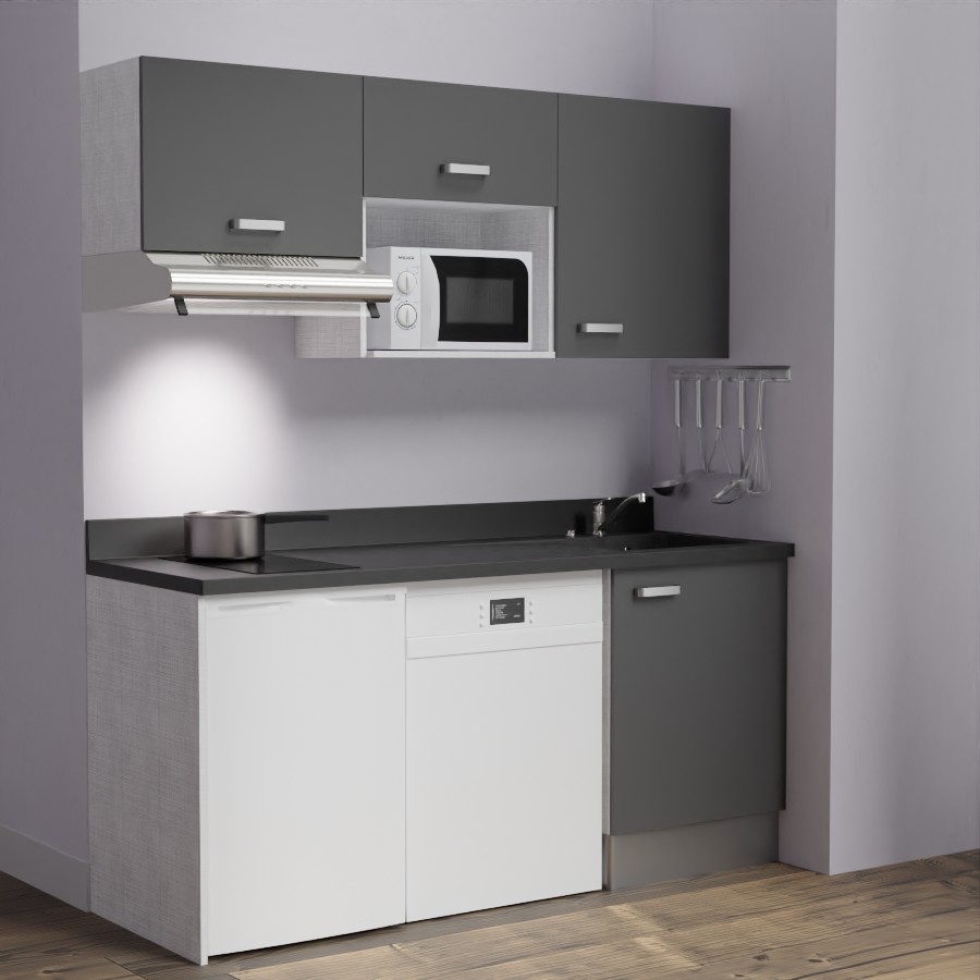 K55 : Kitchenette 180 cm meuble coloris Gris, plan de travail monobloc évier à droite néro