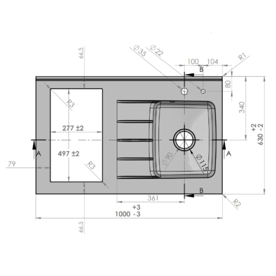 K00L : Kitchenette 100 cm Chêne, plan de travail monobloc évier à droite Snova