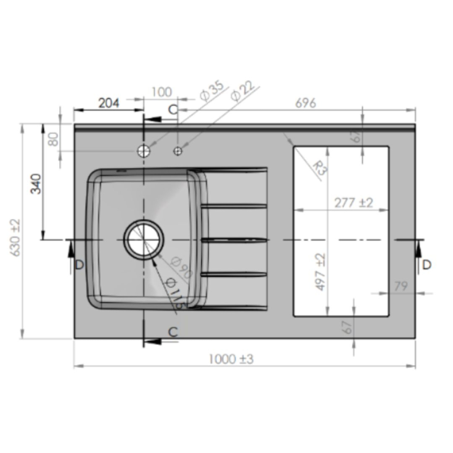 K00L : Kitchenette 100 cm Chêne, plan de travail monobloc évier à droite Cromo