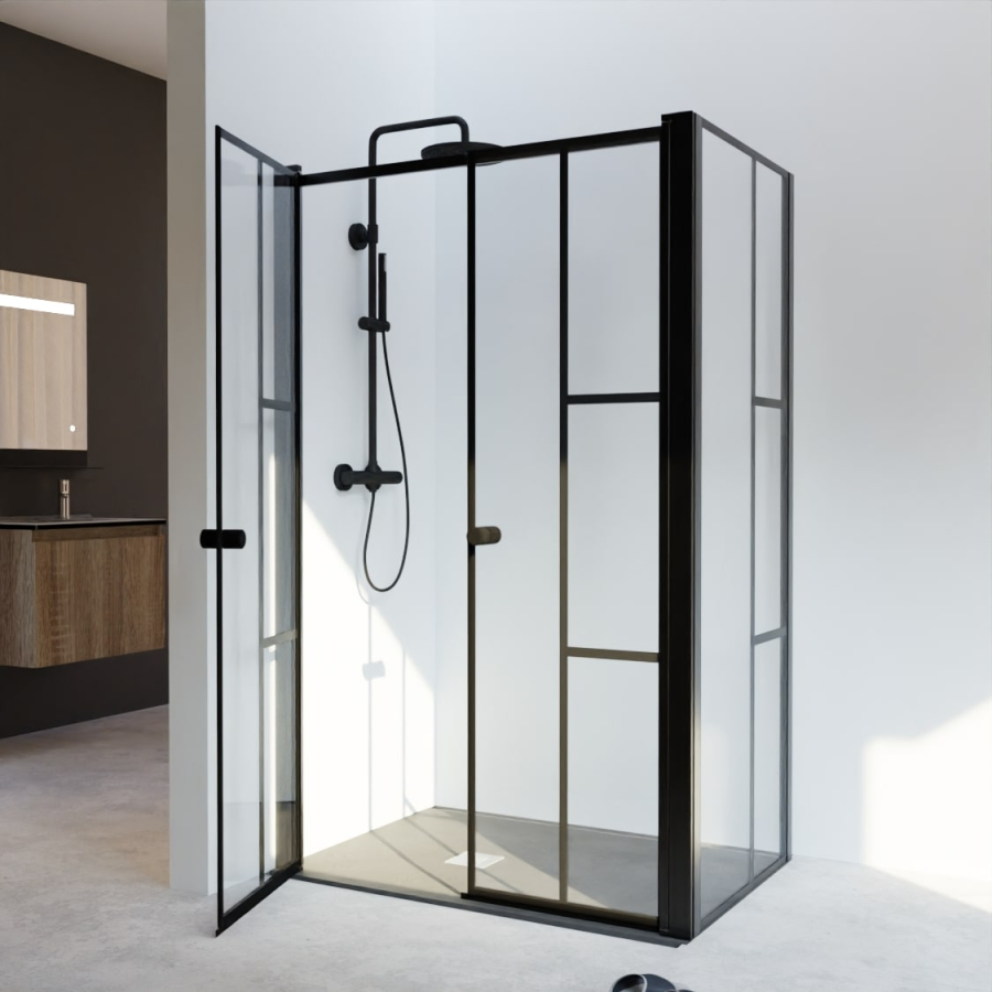 Portes de douche d'angle aluminium noir mat et verre Timeless 6 mm