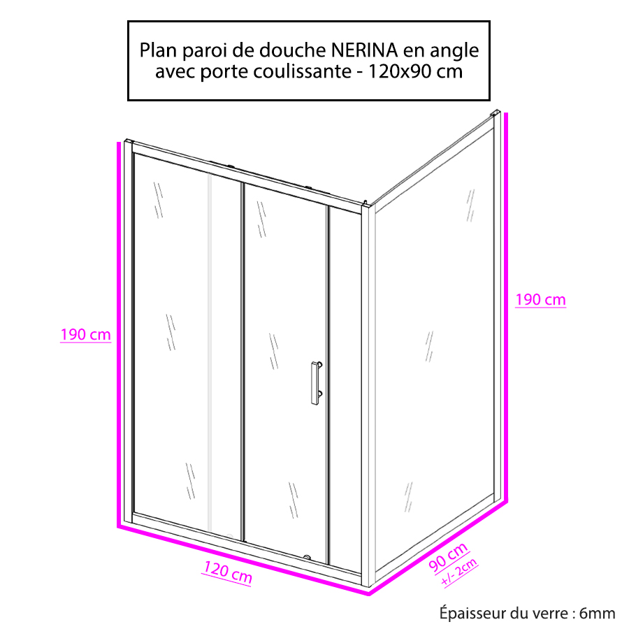 Paroi de douche d'angle avec porte coulissante NERINA 120 cm + retour fixe 90 cm